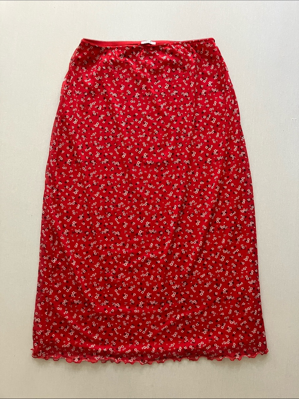 Red Floral Maxi Skirt with Delicate White Print